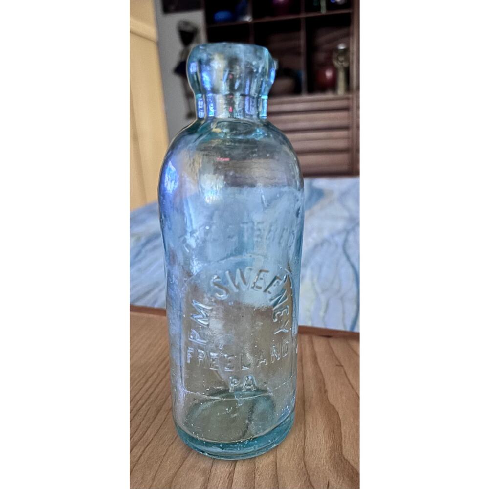 Antique Hutchinson Bottle-P. M. Sweeney Freeland, PA-Aquamarine–1880s Blob Top